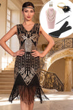 Black Golden Sequins Fringed V-Neck Bodycon Roaring 1920s Dress With 5-Piece Accessories Set