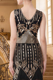 Black Golden Sequins Fringed V-Neck Bodycon Roaring 1920s Dress With 5-Piece Accessories Set