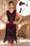 Black Red V-Neck Sequins Bodycon Fringed Midi Roaring 1920s Dress With 5-Piece Accessories Set