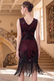 Black Red V-Neck Sequins Bodycon Fringed Midi Roaring 1920s Dress With 5-Piece Accessories Set