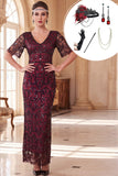 Burgundy Sheath Sequins V-Neck Roaring 1920s Dress With 5-Piece Accessories Set