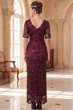 Burgundy Sheath Sequins V-Neck Roaring 1920s Dress With 5-Piece Accessories Set