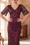 Burgundy Sheath Sequins V-Neck Roaring 1920s Dress With 5-Piece Accessories Set