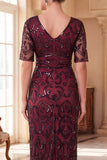 Burgundy Sheath Sequins V-Neck Roaring 1920s Dress With 5-Piece Accessories Set