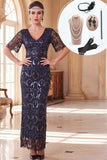 Navy V-Neck Sheath Short Sleeves Sequins Roaring 1920s Dress With 5-Piece Accessories Set