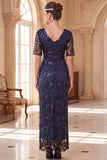 Navy V-Neck Sheath Short Sleeves Sequins Roaring 1920s Dress With 5-Piece Accessories Set
