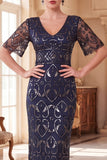Navy V-Neck Sheath Short Sleeves Sequins Roaring 1920s Dress With 5-Piece Accessories Set