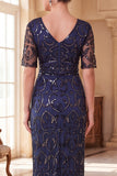 Navy V-Neck Sheath Short Sleeves Sequins Roaring 1920s Dress With 5-Piece Accessories Set