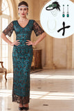 Peacock Green V-Neck Sheath Sequins Long Roaring 1920s Dress With 4-Piece Accessories Set