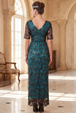 Peacock Green V-Neck Sheath Sequins Long Roaring 1920s Dress With 4-Piece Accessories Set