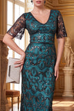 Peacock Green V-Neck Sheath Sequins Long Roaring 1920s Dress With 4-Piece Accessories Set