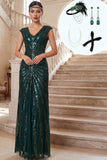 Dark Green V-Neck Sheath Tulle Roaring 1920s Dress With 4-Piece Accessories Set