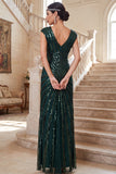 Dark Green V-Neck Sheath Tulle Roaring 1920s Dress With 4-Piece Accessories Set