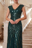 Dark Green V-Neck Sheath Tulle Roaring 1920s Dress With 4-Piece Accessories Set
