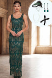 Dark Green Scoop Neck Sequins Sheath Fringed Long Roaring 1920s Dress With 4-Piece Accessories Set