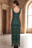 Dark Green Scoop Neck Sequins Sheath Fringed Long Roaring 1920s Dress With 4-Piece Accessories Set