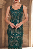 Dark Green Scoop Neck Sequins Sheath Fringed Long Roaring 1920s Dress With 4-Piece Accessories Set
