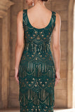 Dark Green Scoop Neck Sequins Sheath Fringed Long Roaring 1920s Dress With 4-Piece Accessories Set