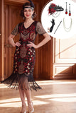 Black Red V-Neck Sequins Bodycon Fringed Roaring 1920s Dress With 5-Piece Accessories Set