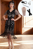 Black Silver V-Neck Bodycon Sequins Fringed Roaring 1920s Dress With 5-Piece Accessories Set