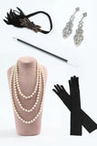 Black Silver V-Neck Bodycon Sequins Fringed Roaring 1920s Dress With 5-Piece Accessories Set