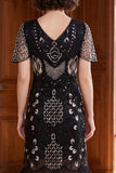 Black Silver V-Neck Bodycon Sequins Fringed Roaring 1920s Dress With 5-Piece Accessories Set
