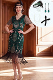 Dark Green V-Neck Sequins Fringed Bodycon Roaring 1920s Dress With 4-Piece Accessories Set