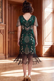 Dark Green V-Neck Sequins Fringed Bodycon Roaring 1920s Dress With 4-Piece Accessories Set