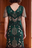 Dark Green V-Neck Sequins Fringed Bodycon Roaring 1920s Dress With 4-Piece Accessories Set
