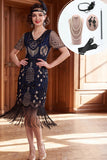 Black Silver V-Neck Sequins Beaded Bodycon Fringed Roaring 1920s Dress With 5-Piece Accessories Set