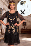 Black Golden Round Neck Sequins A-Line Half Sleeves Roaring 1920s Dress With 4-Piece Accessories Set