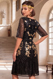 Black Golden Round Neck Sequins A-Line Half Sleeves Roaring 1920s Dress With 4-Piece Accessories Set