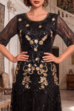 Black Golden Round Neck Sequins A-Line Half Sleeves Roaring 1920s Dress With 4-Piece Accessories Set