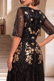 Black Golden Round Neck Sequins A-Line Half Sleeves Roaring 1920s Dress With 4-Piece Accessories Set