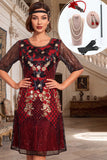 Black Red Round Neck Sequins A-Line Half Sleeves Roaring 1920s Dress With 4-Piece Accessories Set