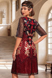 Black Red Round Neck Sequins A-Line Half Sleeves Roaring 1920s Dress With 4-Piece Accessories Set