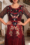 Black Red Round Neck Sequins A-Line Half Sleeves Roaring 1920s Dress With 4-Piece Accessories Set