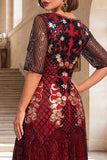 Black Red Round Neck Sequins A-Line Half Sleeves Roaring 1920s Dress With 4-Piece Accessories Set