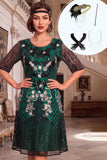 Dark Green Sequins Round Neck Half Sleeves A-Line Roaring 1920s Dress With 4-Piece Accessories Set