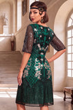 Dark Green Sequins Round Neck Half Sleeves A-Line Roaring 1920s Dress With 4-Piece Accessories Set