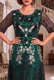 Dark Green Sequins Round Neck Half Sleeves A-Line Roaring 1920s Dress With 4-Piece Accessories Set