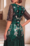 Dark Green Sequins Round Neck Half Sleeves A-Line Roaring 1920s Dress With 4-Piece Accessories Set