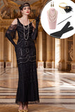 Black Cold Shoulder Sequins Sheath Fringed Long Roaring 1920s Dress With 5-Piece Accessories Set