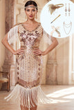 Apricot V-Neck Sequins Sheath Fringed Midi Roaring 1920s Dress With 5-Piece Accessories Set