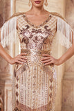 Apricot V-Neck Sequins Sheath Fringed Midi Roaring 1920s Dress With 5-Piece Accessories Set