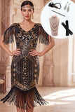 Black Golden V-Neck Sheath Fringed Midi Roaring 1920s Dress With 5-Piece Accessories Set
