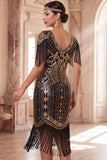 Black Golden V-Neck Sheath Fringed Midi Roaring 1920s Dress With 5-Piece Accessories Set