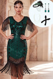 Dark Green V-Neck Sequins Fringed Bodycon Midi Roaring 1920s Dress With 4-Piece Accessories Set
