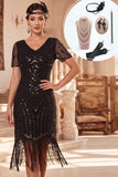 Black V-Neck Beaded Sequins Bodycon Fringed Midi Roaring 1920s Dress With 4-Piece Accessories Set