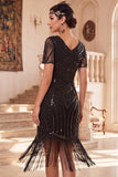 Black V-Neck Beaded Sequins Bodycon Fringed Midi Roaring 1920s Dress With 4-Piece Accessories Set